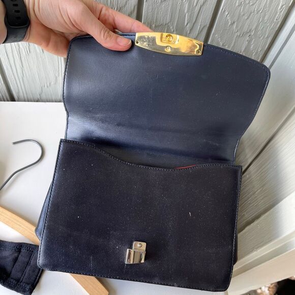 VTG 50s 60s Korent Navy Genuine Leather Top Handle Bag Gold Hardware Red Lining - Picture 12 of 14